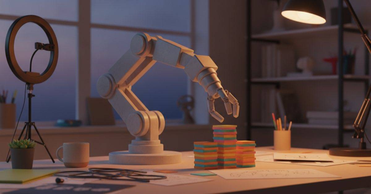 Un brazo robótico mecánico ayudando en un estudio creativo real