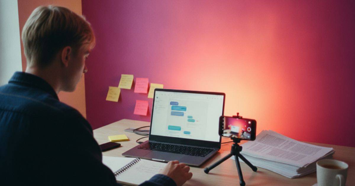 Um criador gravando um vídeo curto de modelos de prompts de IA impressos com um celular no tripé diante de uma parede com degradê do Instagram